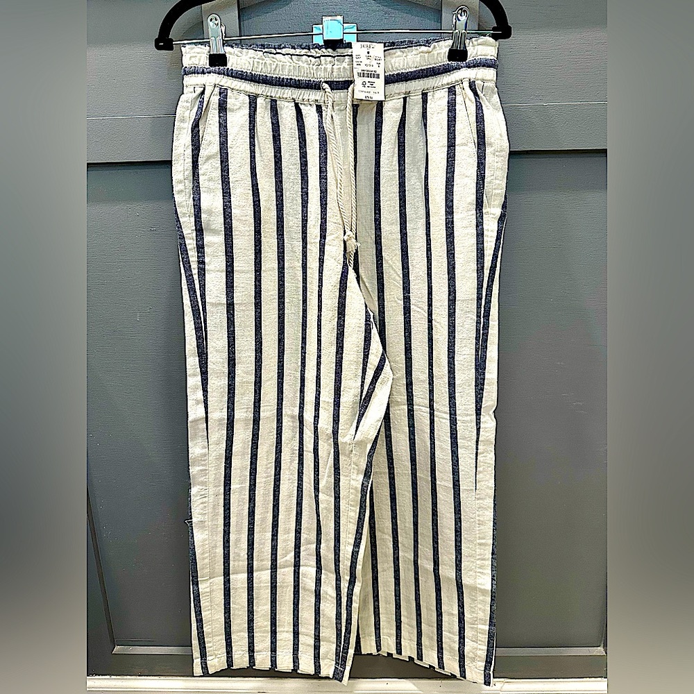 J. Crew Blue and White Linen/Cotton Blend Drawstring Pants